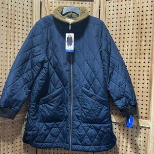 Navy Quilted Women's Jacket with Faux Fur Collar